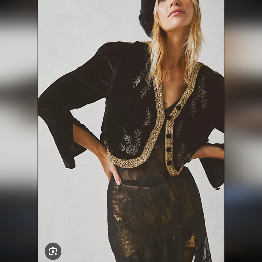 Free People Black and Gold Embroidered Velvet Jacket - Picture 1 of 15